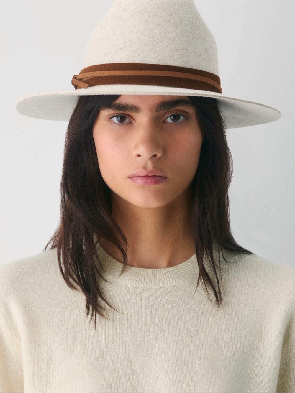 Aritzia Cream Wool Fedora with Brown Trim